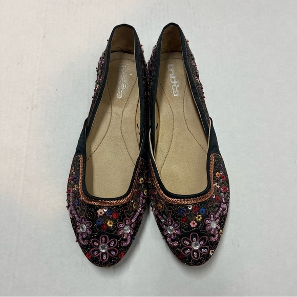 Tribeca Women’s 10 M Black Embroidered Satin Sequin Jeweled Jade Ballet Flats - Picture 2 of 8